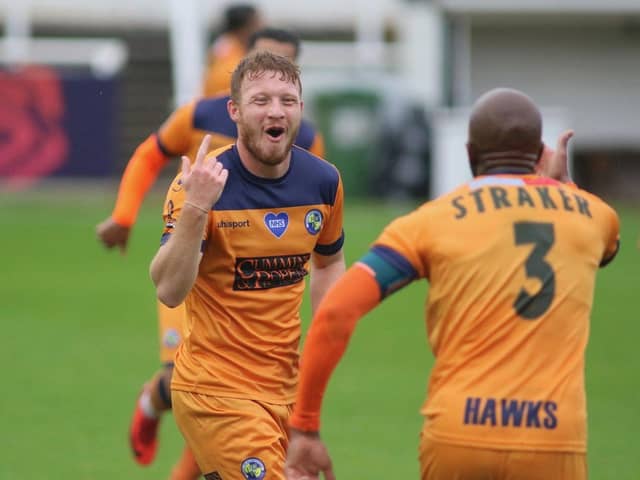 Tommy Wright celebrates his FA Cup goal for Hawks at Bath City. Pic: Kieron Louloudis.