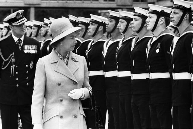 Queen Elizabeth inspects sailors in Portsmouth 20th July 1973.