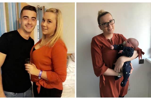 Latisha Heath, 25 from Cosham, followed Slimming World through her pregnancy and lost all of her baby weight one week after giving birth. Pictured: Left is Latisha with partner Steve Burge before her weight loss, and right is after giving birth to Archie