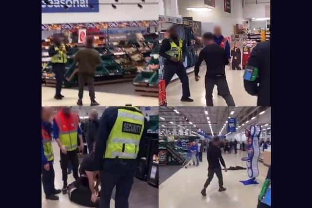 The footage shows a customer behaving aggressively in Tesco