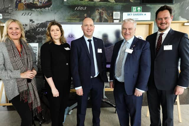 From left, Caroline Dinenage MP, Penny Mordaunt MP, Port director Mike Sellers, leader of Portsmouth City Council Cllr Gerald Vernon-Jackson and Stephen Morgan MP. Portsmouth Port masterplan launch event, Spinnaker Tower, Gunwharf Quays, Portsmouth
Picture: Chris Moorhouse (jpns 160222-23)