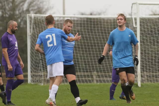 Waterlooville Wanderers Reserves celebrate a goal against Old Boys. Picture by Kevin Shipp