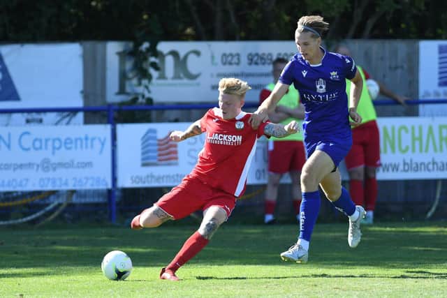 Baffins Milton Rovers striker Tom Vincent, right, netted on his debut in the FA Cup win against Horndean

Picture: Neil Marshall