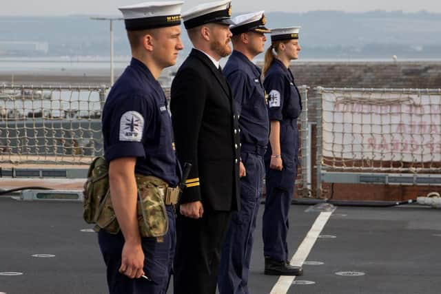 HMS Duncan's crew pictured as they returned to the ship following the vessel's 18-month refit.