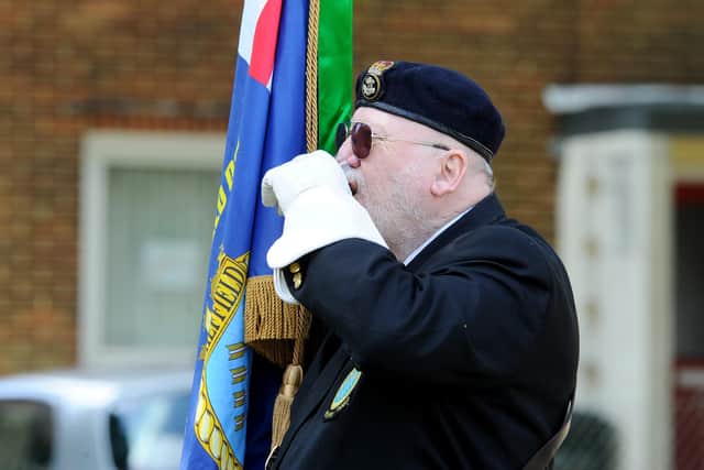 Ex Royal Navy Petty Officer Guy "Tug" Wilson from Paulsgrove, held a live stream of a service to commemorate the anniversary of the sinking of HMS Sheffield, on Monday, May 4, outside his home in Paulsgrove.
Picture: Sarah Standing (040520-1303)