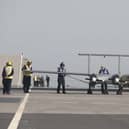 It is the first time a pilotless aircraft has taken off and landed on HMS Prince of Wales. Picture: LPhot Unaisi Luke/Royal Navy.