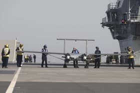 It is the first time a pilotless aircraft has taken off and landed on HMS Prince of Wales. Picture: LPhot Unaisi Luke/Royal Navy.