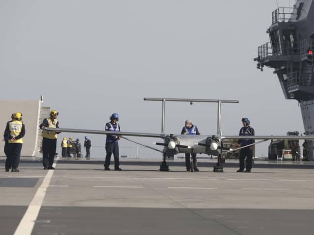 It is the first time a pilotless aircraft has taken off and landed on HMS Prince of Wales. Picture: LPhot Unaisi Luke/Royal Navy.