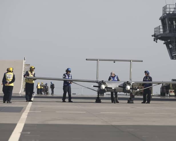 It is the first time a pilotless aircraft has taken off and landed on HMS Prince of Wales. Picture: LPhot Unaisi Luke/Royal Navy.