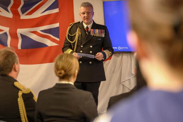 Pictured: Vice Admiral Hally speaks at the Apprenticeship Week launch on board HMS Diamond.