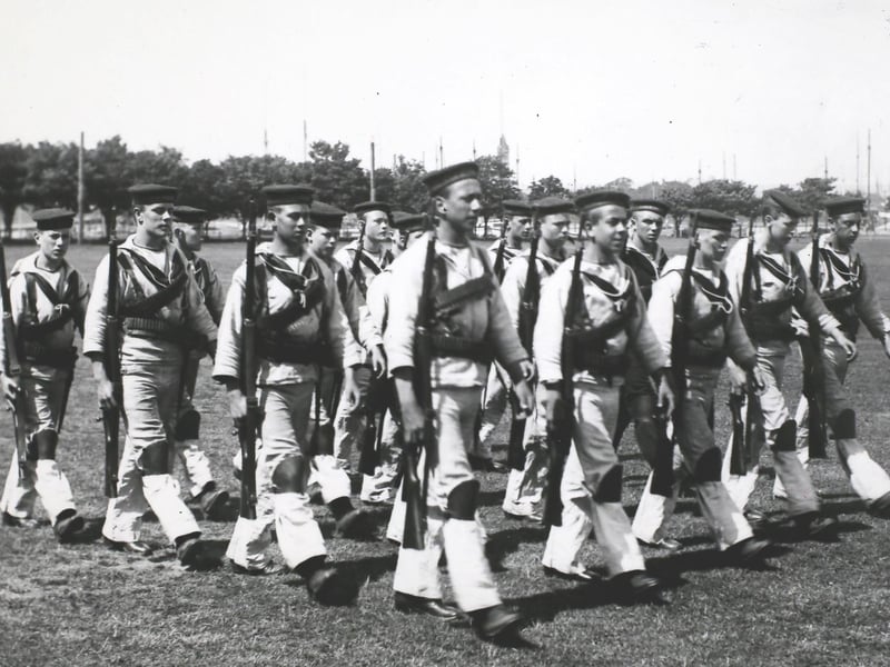 British naval cadets being trained on Whale Island, Hampshire, England, circa 1910. Photo by F.J. Mortimer.