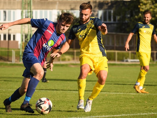 USP's Luke Richards and Moneyfields' Josh Hazell. Picture: Keith Woodland