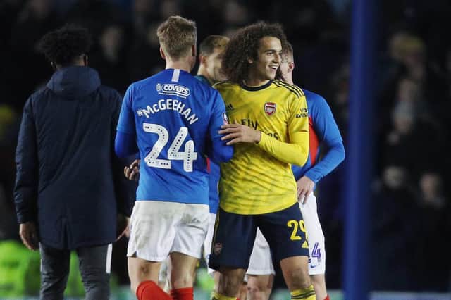 Cameron McGeehan with Arsenal midfielder Mattéo Guendouzi after the recent FA Cup tie at Fratton Park