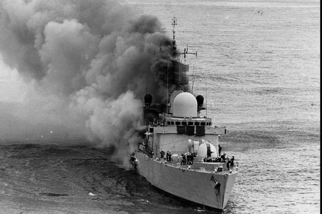 HMS Sheffield after being hit in the Falklands