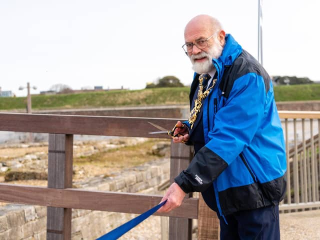Portsmouth Lord Mayor Cllr Hugh Mason opens the timber bridge at Long Curtain Moat