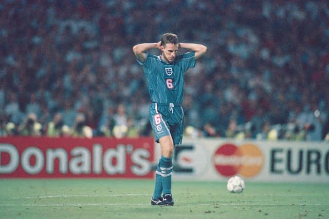 A generation mentally scarred - Gareth Southgate reacts after missing his penalty during the Euro 96 shoot-out loss to Germany at Wembley. Photo by Stu Forster/Allsport/Getty Images.