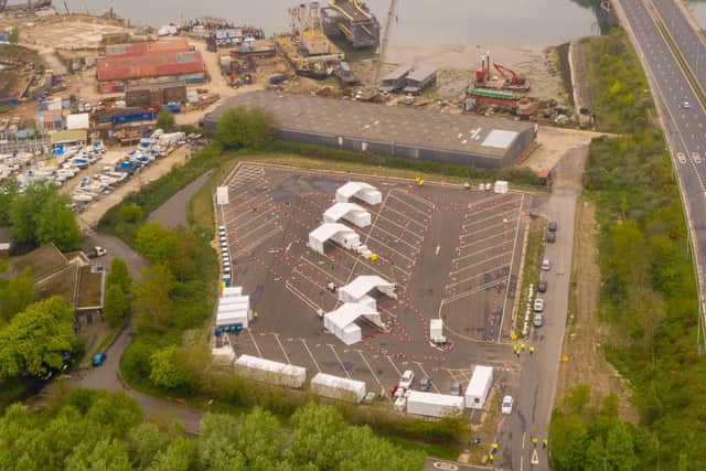 Drone pictures of the Covid-19 testing facility in Tipner West, Portsmouth. Picture: Solent Sky Services