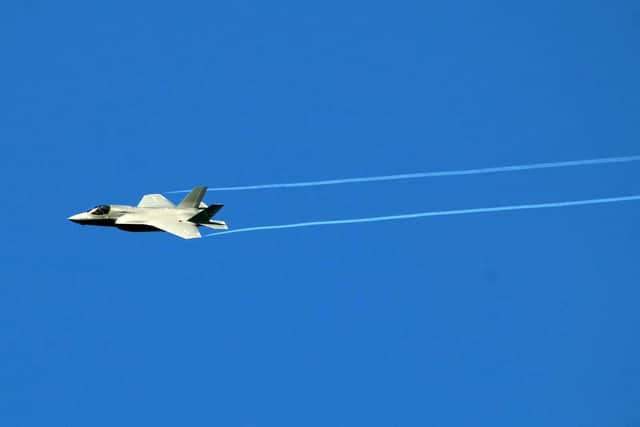 One of the US Marine Corps F-35Bs, which unleashed the 500lb bomb, pictured flying near Scotland after launching from HMS Queen Elizabeth. Photo: Royal Navy