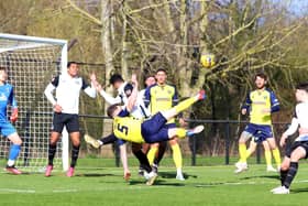 Gosport Borough defender Ryan Woodford tries an acrobatic effort in the stalemate at Kings Langley Picture: Tom Phillips