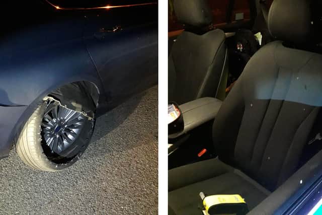 Police stopped Worthmore Munyeza in a Ford Mondeo on July 12 due to a defect in the car's tyre, only for him to spit at police. Pictures show the tyre and spit on a police car window. Picture: @Hantspolroads