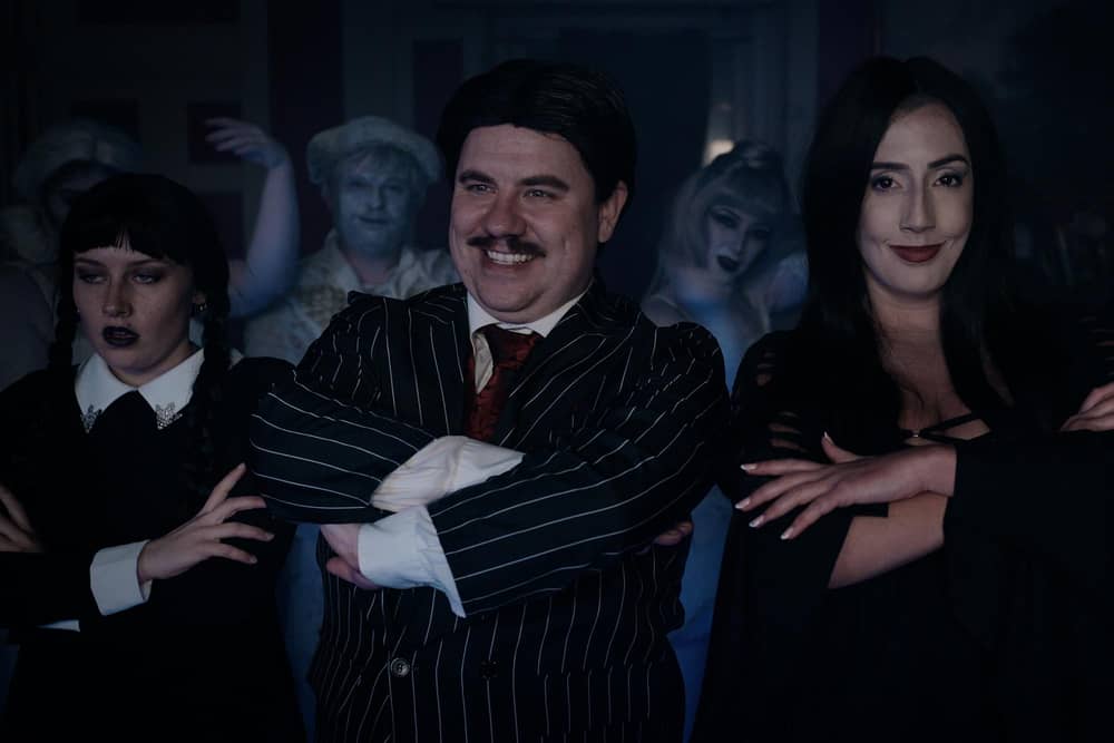 Wednesday, Gomez and Morticia in Benchmark Theatre's production of The Addams Family