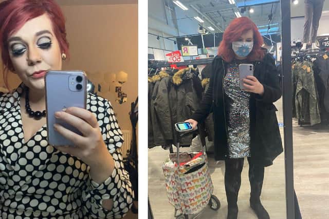 Cllr Claire Udy is fundraising for two charities by dressing up in her finest outfits during January. Pictured: Left is one of the January looks and right is Claire on the first day of her challenge in Tesco 