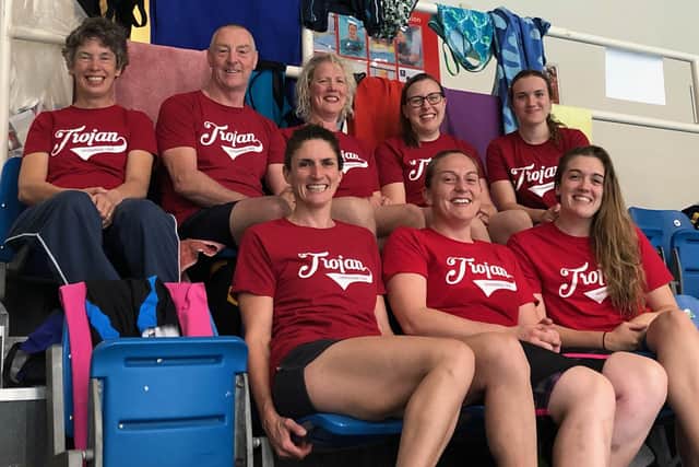 Trojan swimmers at Crawley. Back (from left) Helen Andrews, Tony Corben, Claire Tagg, Rachel Jepson, Sopie Hutin. Front: Jo Corben, Steph Baron, Lucy Strowger
