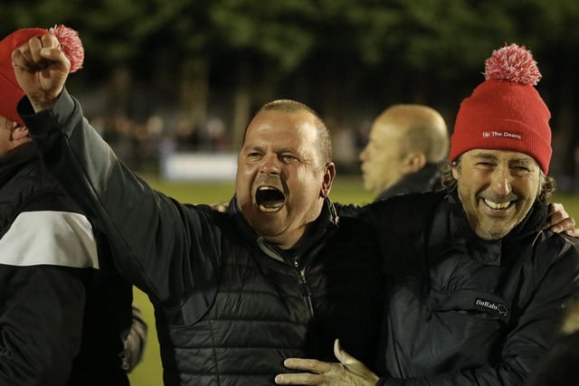Horndean boss Michael Birmingham celebrates. Picture by Martin Denyer