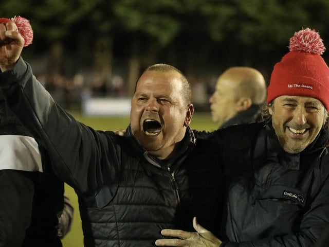 Horndean boss Michael Birmingham celebrates. Picture by Martin Denyer