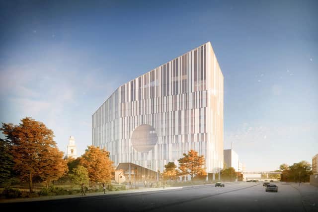 A CGI view of the exterior of the University of Portsmouth's new academic building in Victoria Park Credit FCBS
