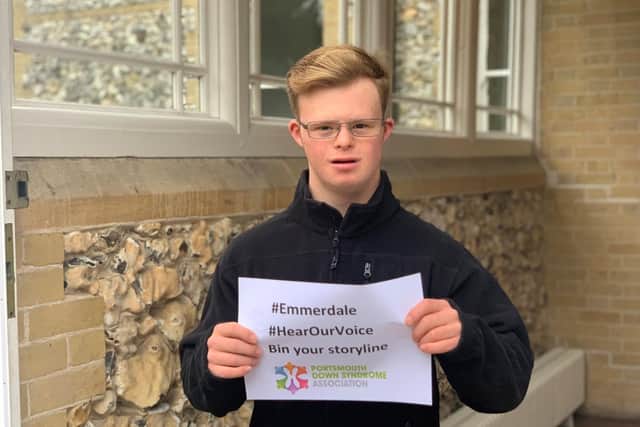 Max Ross, son of Rachael Ross who is chair of the Portsmouth Down Syndrome Association.
The association is calling for Emmerdale to bin its storyline about the abortion of a baby with Down syndrome