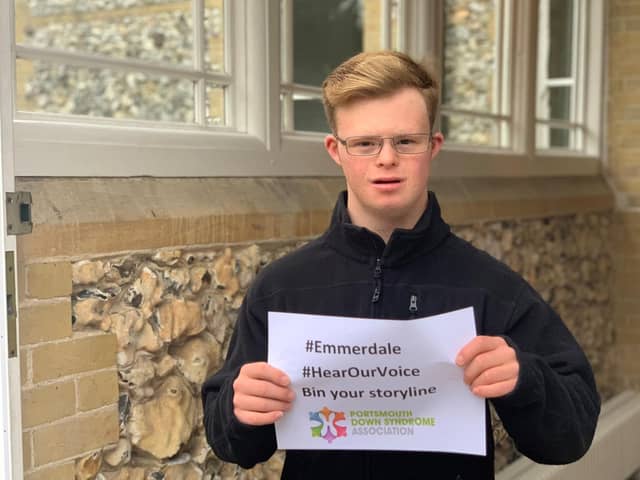 Max Ross, son of Rachael Ross who is chair of the Portsmouth Down Syndrome Association.
The association is calling for Emmerdale to bin its storyline about the abortion of a baby with Down syndrome