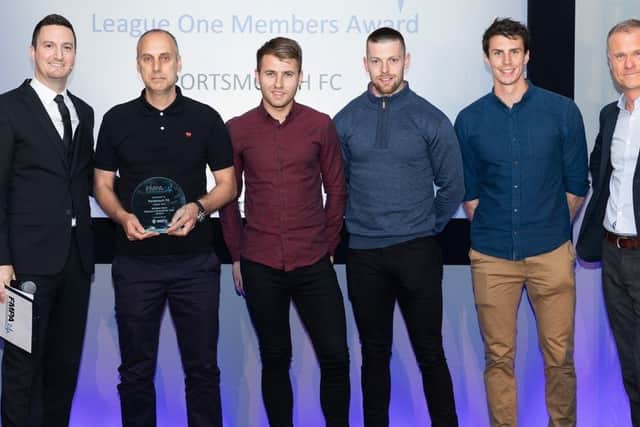 The award-winning Pompey medical and sports science team. From second left to right: head physio Bobby Bacic, head of sports science Jeff Lewis, first-team physio Jack Hughes and former head of academy strength and conditioning Ben Spong, who left the club in 2021.