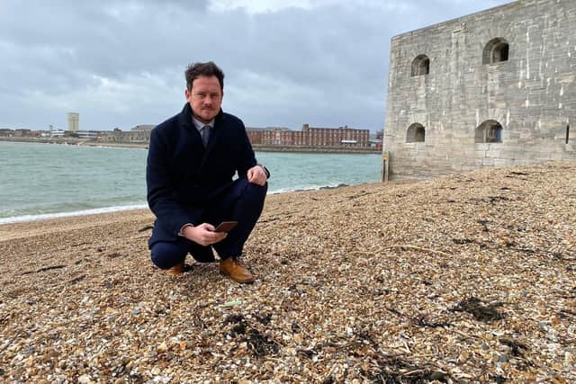 Portsmouth South MP Stephen Morgan using the Jetsam app along the city's coastline. Picture: Supplied
