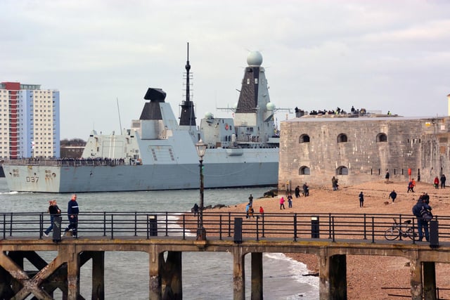 HMS Duncan returning to Portsmouth Naval Base in time for Christmas homecoming after leading NATO task group in the Mediterranean. Picture date: Friday December 22, 2023. PA Photo. 
Photo credit should read: Ben Mitchell/PA Wire