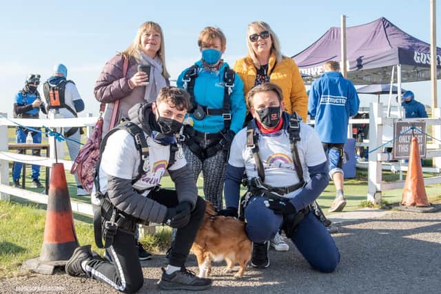 Supporters of the Rainbow Centre in Fareham took on a daring skydive to raise funds. Pictured: Jane Parker-Wisdom from Solent Elite, Vanda Varga, Rainbow Centre head of fundraising Yvonne Cambell and front is Fenton Cowell and Matt Hutchings.
Picture by: Steven J Phyall from Zooming Photography