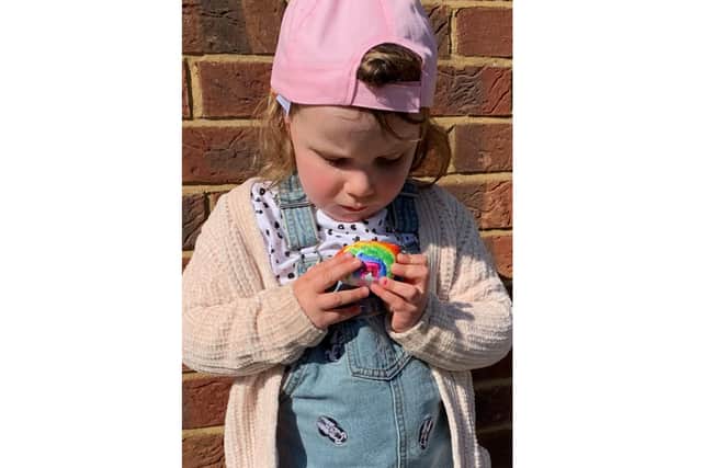 Frankie Cameron and her daughter Grace have been painting rocks to brighten up people's walks around city parks. Pictured: Grace