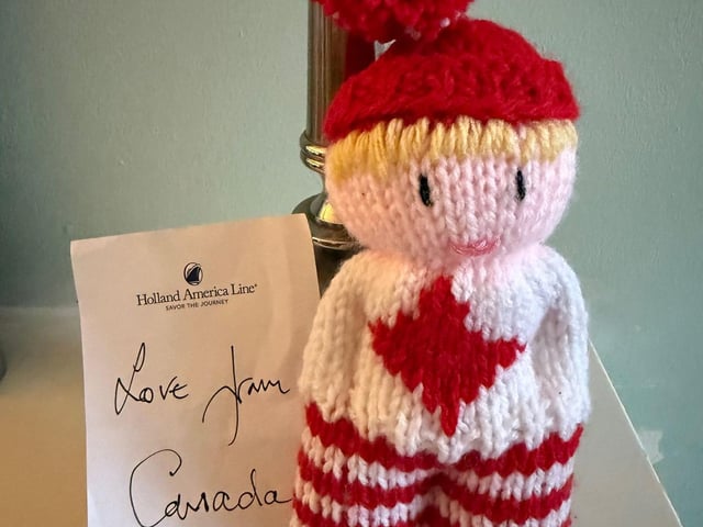 A special Canadian doll, knitted by Julie in Ontario, Canada and donated to The Travel Buddy Project