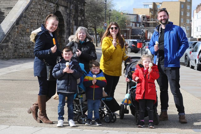 Pictured is: (back l-r) Fiona Woodall, Annie Hazel, Lucy Foskett and Jon Foskett with (front l-r) Arthur Woodall (6), Henry Woodall (3) and Betsy Foskett (4) visiting Portsmouth for the day from Aldershot.Picture: Sarah Standing (290324-6956)