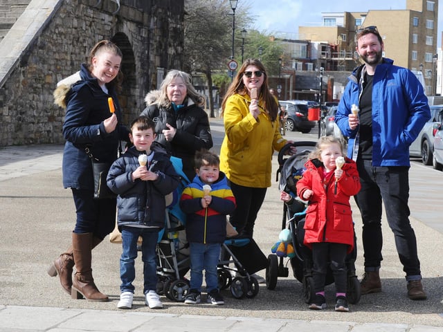 Pictured is: (back l-r) Fiona Woodall, Annie Hazel, Lucy Foskett and Jon Foskett with (front l-r) Arthur Woodall (6), Henry Woodall (3) and Betsy Foskett (4) visiting Portsmouth for the day from Aldershot.Picture: Sarah Standing (290324-6956)