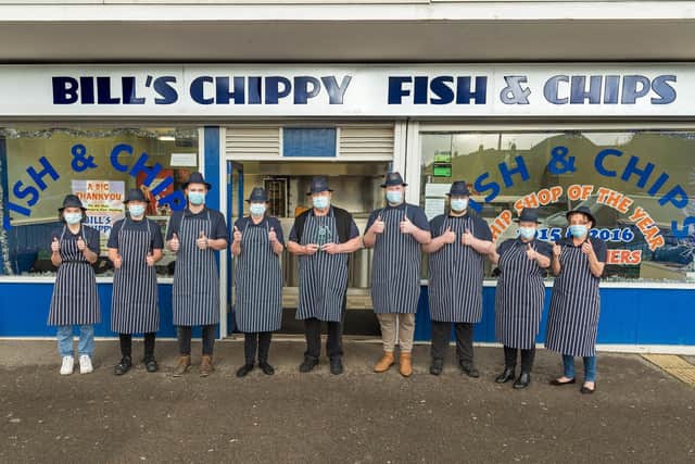 Bill's Chippy in Waterlooville staff - from left, Stephanie Berry, Jensen Sunderland, Del Berry, Janice Kennedy, owner Bill Isherwood, Free Wilson, Chance Wilson, Sarah Balchin and Lisa Drackett Picture: Mike Cooter