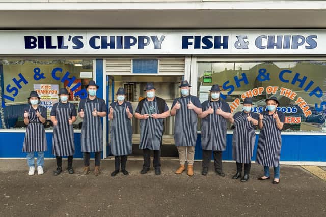Bill's Chippy in Waterlooville staff - from left, Stephanie Berry, Jensen Sunderland, Del Berry, Janice Kennedy, owner Bill Isherwood, Free Wilson, Chance Wilson, Sarah Balchin and Lisa Drackett Picture: Mike Cooter
