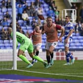 Colby Bishop completes Pompey's recovery in the ninth minute of time added-on in the first half against Reading. The Blues went on to win 3-2. Picture: Jason Brown/ProSportsImages