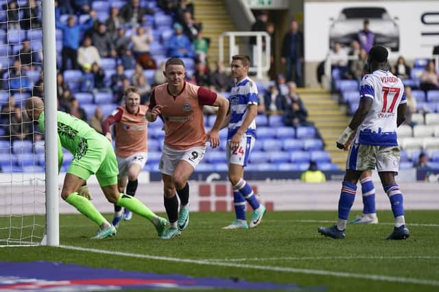 Colby Bishop completes Pompey's recovery in the ninth minute of time added-on in the first half against Reading. The Blues went on to win 3-2. Picture: Jason Brown/ProSportsImages