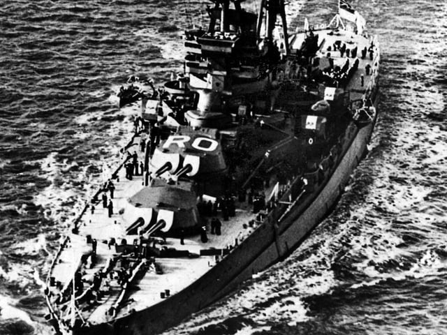 HMS Royal Oak in November 1938
Royal Oak returns the body of Queen Maud to Norway, flying both the Norwegian flag and the White Ensign at half-mast, about 24 November 1938
Picture: Navy News