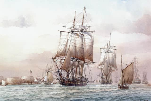 HMS Agamemnon with HMS Euryalus in a painting by David Bell. Image reproduced courtesy of @BucklersHard
