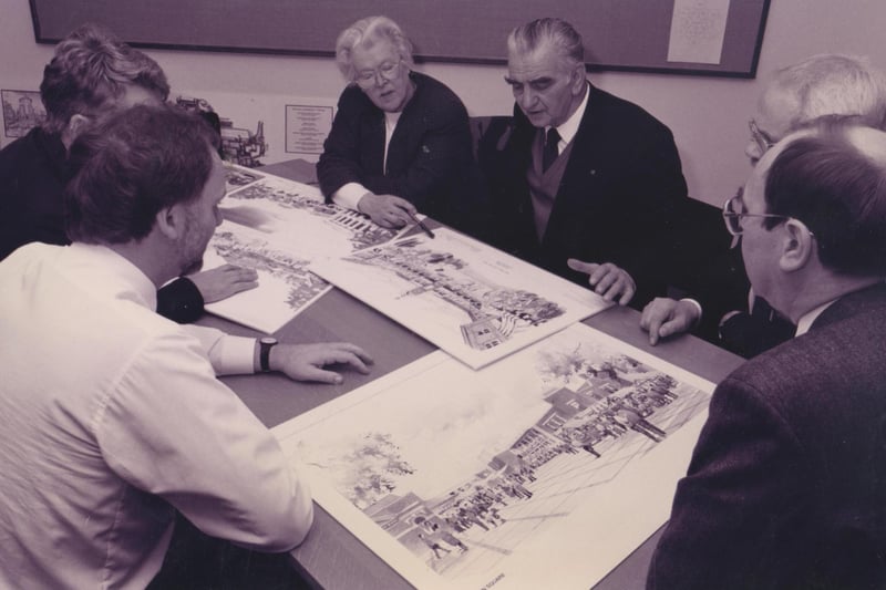 Fareham Council officers and councillors examine the three proposed developments for the next phase of the town centre, 1995. The News PP5756