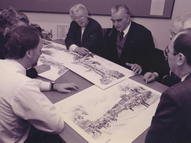 Fareham Council officers and councillors examine the three proposed developments for the next phase of the town centre, 1995. The News PP5756
