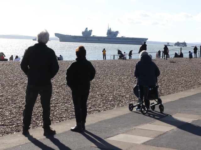 HMS Prince of Wales setting sail from Portsmouth on February 12, 2024, after a previous delay. She is taking part in Nato's largest mission since The Cold War.