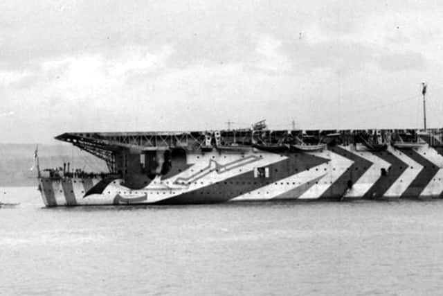 Aircraft carrier HMS Argus dazzle-painted in 1918.